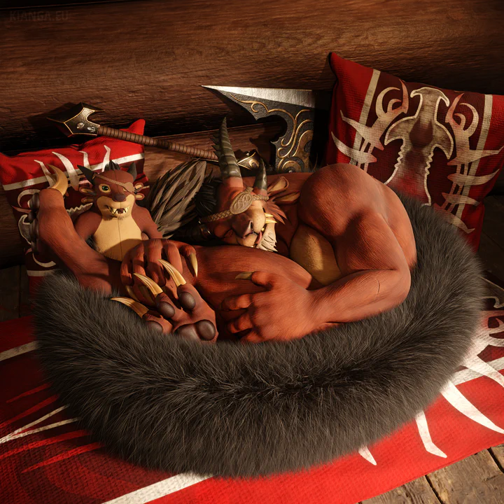 3D render of a male charr (Bloodeye Lacsap) sleeping in an exquisitely fluffy charr-sized cat bed and bathed in warm sunlight. He is curled up tightly with one leg stretched out over the edge of the bed. A plushie that looks just like him sits next to him in the bed, and two pillows with a Blood Legion design and a Legionnaire’s Axe are leaning against the wall behind him.