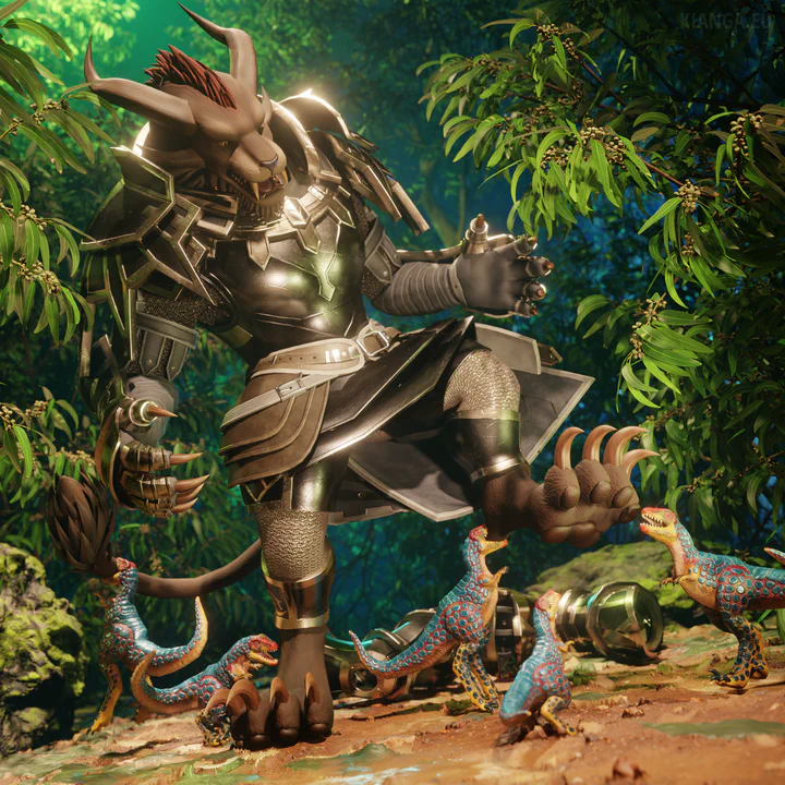 3D render of a male charr (Ripa Soulkeeper) fighting a pack of five pocket raptors in a dense jungle. He’s wearing full Vigil battle armor, except for his boots, which lie on the ground behind him as if he was just taking a break. Ripa is looking down at his feet in shock and surprise while the pocket raptors are taking advantage of the situation by snatching at his unprotected paws.