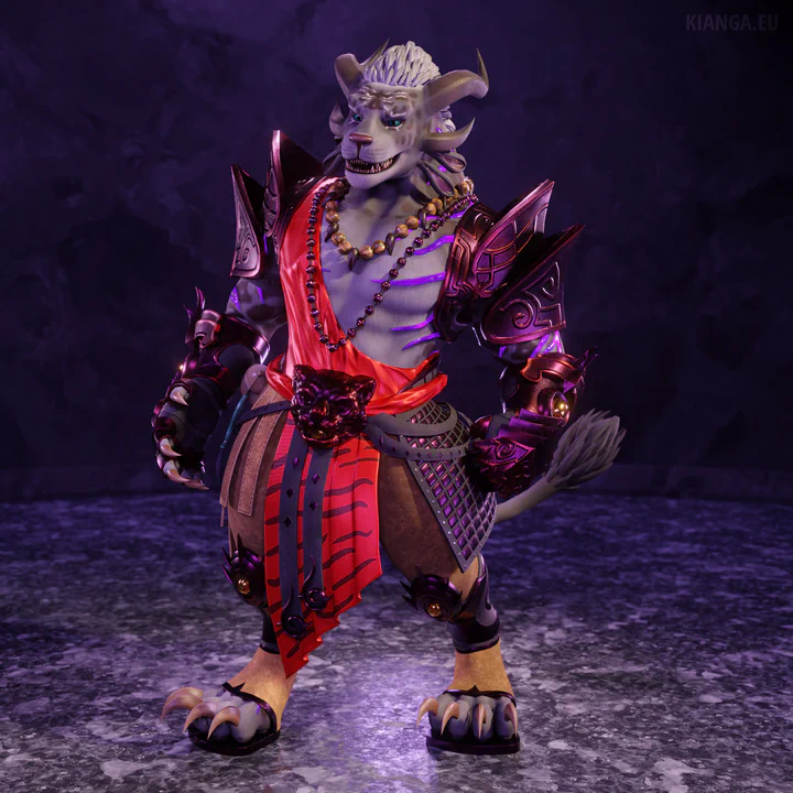 3D render of a male charr (Yami Whitemane) featuring the White Tiger Outfit from Guild Wars 2 with a red and purple color scheme: steel pauldrons and gauntlets, red cloth draped around his chest, and beige leather pants and boots with purple steel elements.