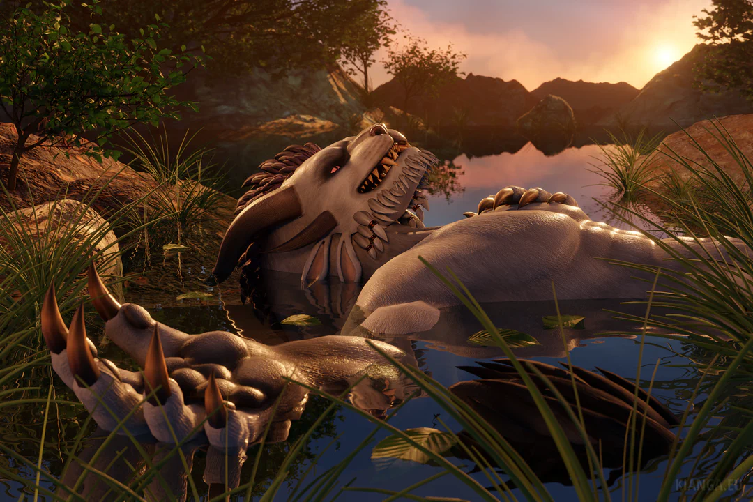 3D render of a male charr (Drizzlebone) lying half-submerged in a peaceful pond with an orange sunset in the background and trees, rocks, and long grass all around him. He’s looking up towards the evening sky, his right paw stretched out to the side (towards the camera), and his left paw laid on his chest.