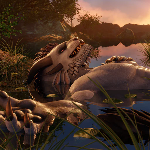 3D render of a male charr (Drizzlebone) lying half-submerged in a peaceful pond with an orange sunset in the background and trees, rocks, and long grass all around him. He’s looking up towards the evening sky, his right paw stretched out to the side (towards the camera), and his left paw laid on his chest.