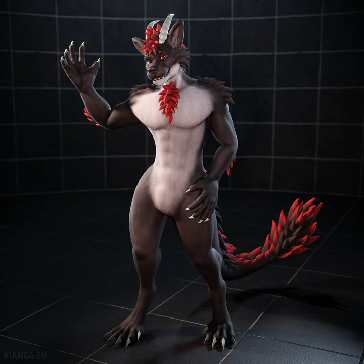 3D render of an anthropomorphic dragon wolf character: two white horns, large red eyes, dark gray fur, with lighter fur running from the chin down along the neck and chest. The longer hair on his head, chest, elbows, and very fluffy tail is bright red.