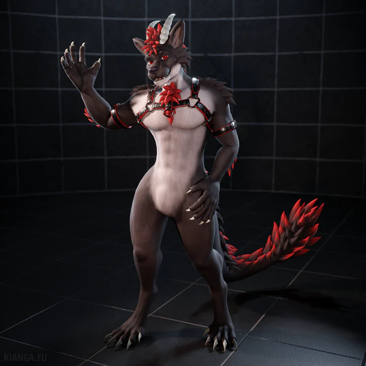 3D render of an anthropomorphic dragon wolf character: two white horns, large red eyes, dark gray fur, with lighter fur running from the chin down along the neck and chest. The longer hair on his head, chest, elbows, and very fluffy tail is bright red. He’s wearing a black leather harness with red accents along the edges.