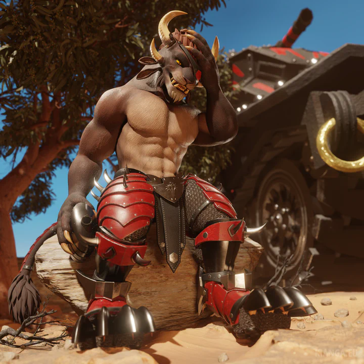 3D render of a male charr warrior (Kianga Snowstorm) sitting topless on a large rock somewhere in the desert. Neither the tree nor the giant tank in the background provide much shade. He’s holding a steel canteen in his right paw, and his head with the other paw, clearly exhausted from the heat.