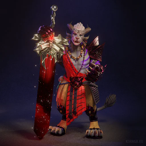 3D render of a male charr (Yami Whitemane) wearing the White Tiger outfit. He’s leaning casually on his legendary sword Twilight (larger than him) and looking directly at the viewer.