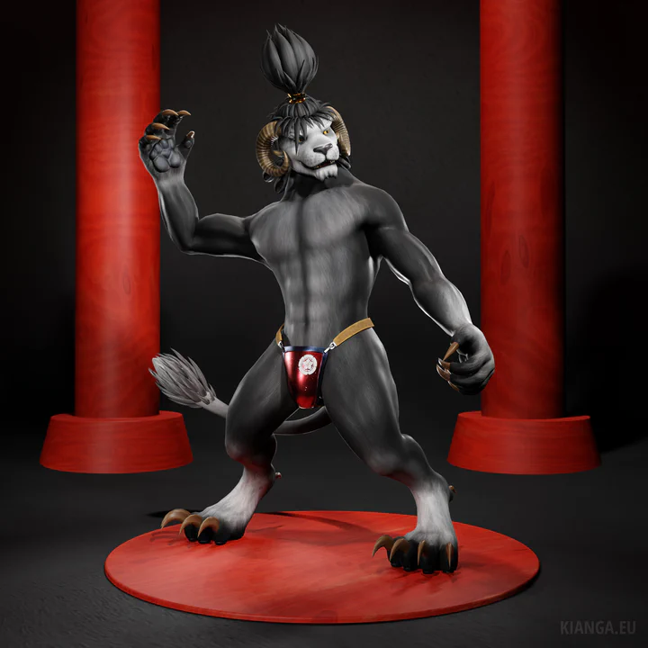 3D render of a male charr (Wan Shi Tong) in a martial arts pose, looking towards the right. He has black fur with lighter grey on his chest, white hands and feet, golden eyes, horns similar to a ram, and long, dark, braided hair.