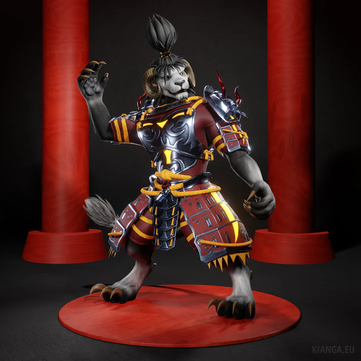3D render of a male charr (Wan Shi Tong) in a martial arts pose, looking towards the right. He has black fur with white hands and feet, golden eyes, horns similar to a ram, and long, dark, braided hair, and is wearing the Infused Samurai Outfit from Guild Wars 2: steel armor with red paint and yellow glowing accents, held together by thick yellow cords, and with dark red leather underneath.