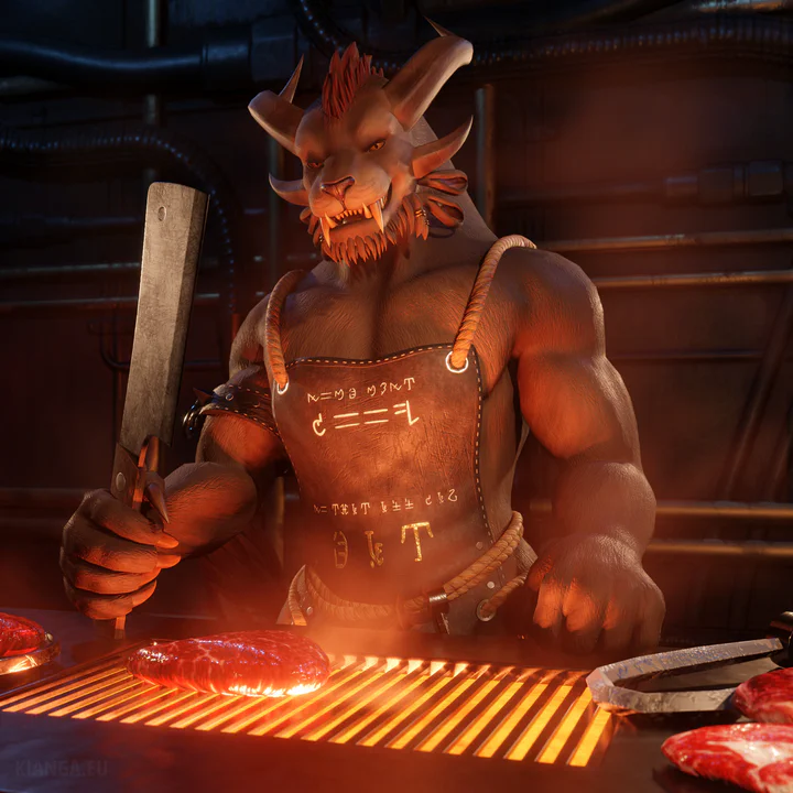 3D render of a male charr (Ripa Soulkeeper) in a cook’s outfit. He’s looking at the viewer, holding a butcher’s knife and standing in front of a grill with a large chunk of red meat on it, the light from the fire illuminating everything from below. There is text in New Krytan on his apron that means “some must cook, so that all can eat”.