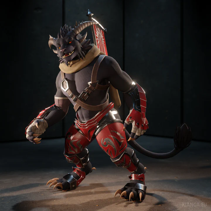3D render of a male charr with dark blue-ish fur in a combat-ready pose. He is wearing a leather harness, steel gauntlets, leg plates, and boots, a long beige racing scarf, and a Blood Legion banner on his back.