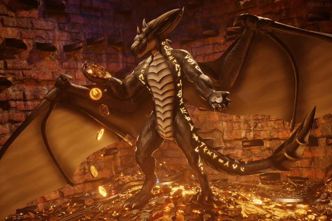 3D render of a bipedal dragon (Seraphis Zurvan) standing on a large pile of gold coins, weapons, and other assorted treasure, his wings held protectively over the pile. He is staring in fascination at a large number of gold coins in his right hand, so many that they’re slipping out of his hand and falling down again. His left hand is extended towards the viewer, offering them two small silver coins. For your troubles.
