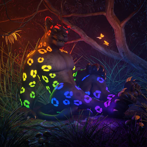 3D render of an anthropomorphic black jaguar sitting casually in a jungle environment. Brightly glowing rosettes on his body illuminate his surroundings in all colors of the rainbow.