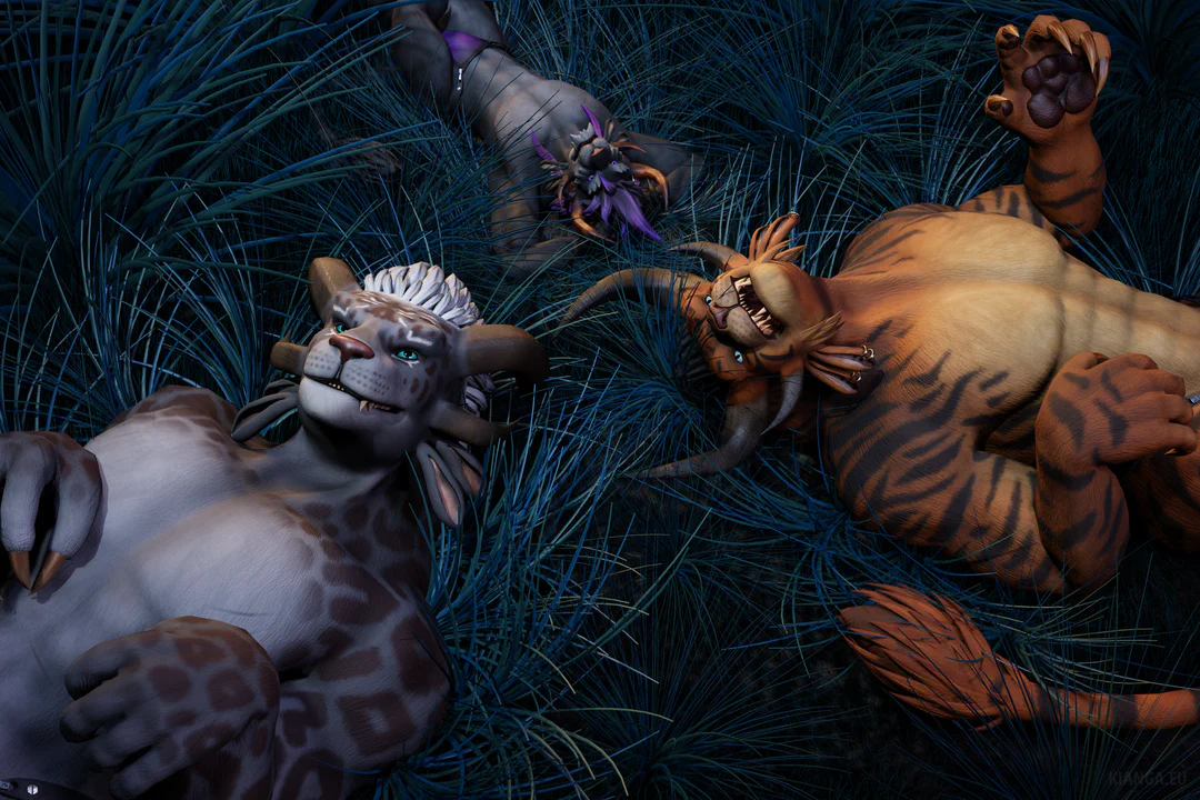 3D nighttime scene with three charr (Yami Whitemane, Ferox Blackmane, and Kernas Schi) lying peacefully in long blue-ish grass, looking up at the stars. The composition and colors are similar to a scene with Simba, Pumbaa, and Timon from The Lion King.