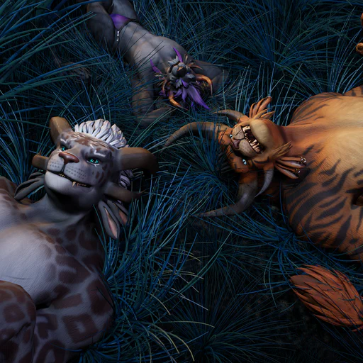 3D nighttime scene with three charr (Yami Whitemane, Ferox Blackmane, and Kernas Schi) lying peacefully in long blue-ish grass, looking up at the stars. The composition and colors are similar to a scene with Simba, Pumbaa, and Timon from The Lion King.