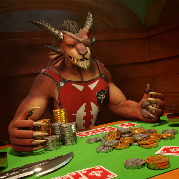 First-person 3D render with a male charr (Bloodeye Lacsap) sitting at a poker table in his casual Blood Legion outfit, looking at you. Rows of playing cards with a Blood Legion design lie in front of both players, and a large pile of gold and silver coins sits in the middle of the table. Lacsap has his right paw held possessively around six large stacks of coins that belong to him, while you only have three meager coins left. His expression suggests that the pile of coins in the middle also belongs to him now, and a the shiny blade of a knife lying in front of you hints that the next round of this game might happen in a slightly more “charr” fashion.