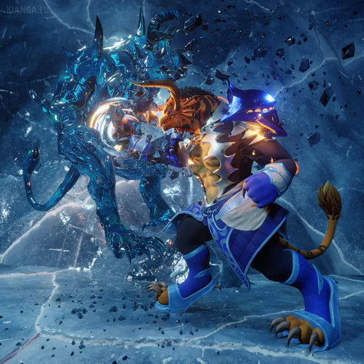 3D render of a charr elementalist (Warrick Ashblood) fighting against a Branded charr in an icy cave, just as he lands a powerful blow with his right fist, sending his opponent flying backwards. The Branded is completely frozen and turned into transparent ice, with hundreds of icy crystals flying from the impact site.