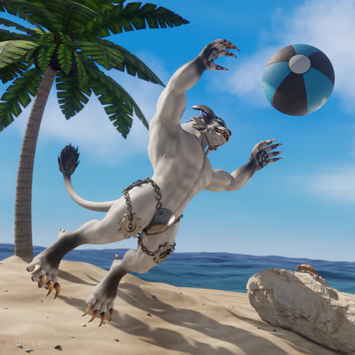 3D render of a male charr with white fur (Drizzlebone) on a tropical beach, jumping high in the air with arms raised to catch a large beach ball. He’s wearing only a smooth steel plate covering his groin and two large gears on his thighs, all secured a little haphazardly with thick iron chains. It doesn’t look very comfortable, nor practical, but he doesn’t seem to mind.