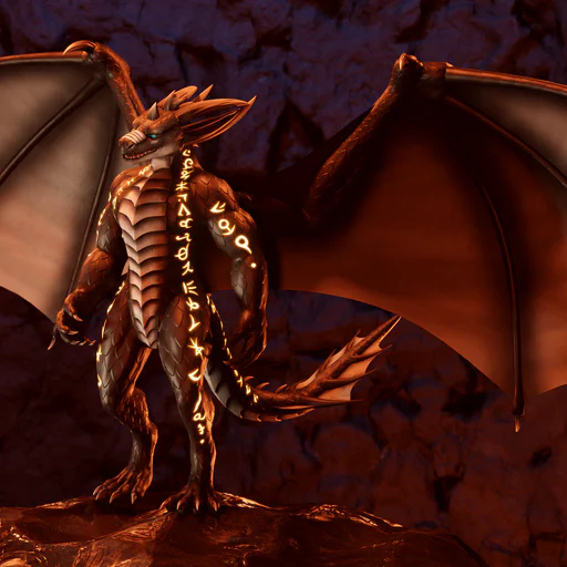 3D render of a bipedal dragon standing in a cavern with wings extended. Fiery light illuminates him from below. His body is covered in glossy black scales, with a row of larger sharp light gray scales on his chest. Magical symbols run from his neck to his legs and also along his tail, glowing with a golden light.