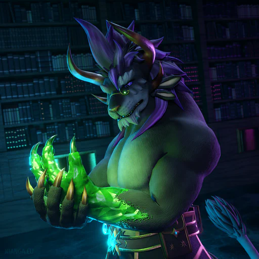 3D close-up render of a male charr (Kernas Schi) standing in a dark library with mysterious, colorful lighting - bright blue/green from the left and his front, dark purple from the right and his back. Kernas is holding his left paw, which has been partially transformed into a green crystal that seems to be slowly growing up his arm. He’s staring at it with a surprised expression.