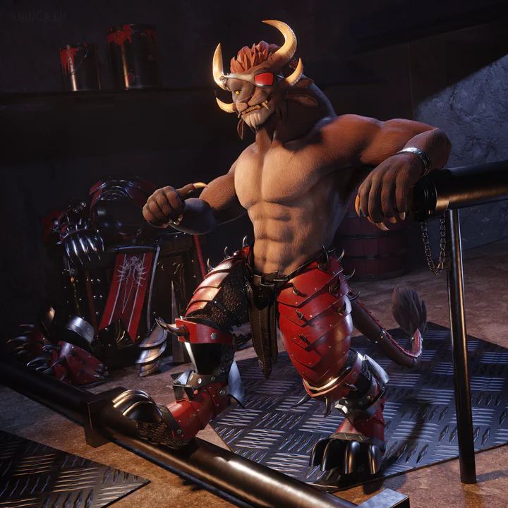 3D render of a male charr with an eye patch, shirtless but wearing steel leg armor and boots. He’s standing in dark room, presumably a training area in some basement, leaning casually against a steel pipe with one foot resting on another pipe at ground level. He’s pointing at his chest with his right thumb and grinning proudly at the viewer. The rest of his armor is piled on a crate in the background.