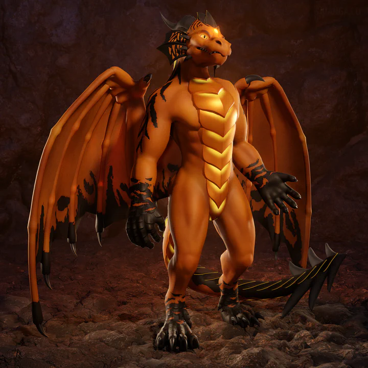3D render of a bipedal dragon with wings and ear fins. His body and scales are golden orange with black hands and feet and an orange light shining from his eyes, from a gem on his forehead, and between his chest scales.