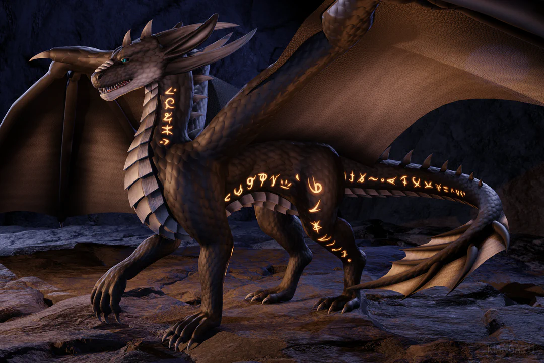 3D render of a quadrupedal dragon with wings. His body is covered in smaller black scales, with a larger row of light gray scales running from below his chin, under his chest, to the middle of his tail, which ends in a fin with three spikes on each side. He has light blue eyes, four scales covering the top of his snout, two sets of long horns facing backwards and two long flexible ears. A row of gray spikes runs from the top of his head down the back of his neck, all the way until the middle of his tail. His leathery wings are black on the top side and gray on the underside. Orange glowing runes run along his neck, the side of his chest, tail, the back of his front legs, and the side of his hind legs.
