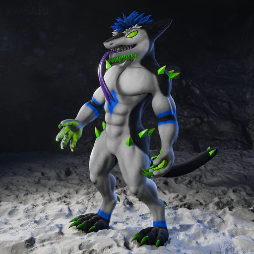3D render of a sergal with a muscular build and white fur with black, bright blue, and green markings. He has large, sharp teeth, a long purple tongue that reaches almost to his belly, green paw pads and spikes on his shoulders, hips, back, and tail, and long green claws.
