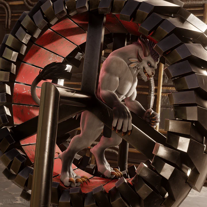3D render of a male charr with white fur wearing only a loincloth, looking very exhausted towards the viewer with his tongue hanging out. He’s standing in a giant steel contraption that vaguely resembles a cat wheel, except it has a much more charr-like industrial look with dozens of sharp metal segments on the outside and red painted tread plates on the inside.