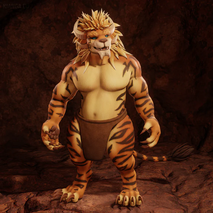 3D render of a male charr with yellow-golden fur and black tiger stripes, blue eyes, and a long fluffy mane, standing in a volcanic cave and looking past the viewer with a friendly expression. He is wearing only a brown loincloth, showing off his heavy but muscular build.