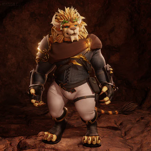 3D render of a male charr with yellow-golden fur, blue eyes, and a long fluffy mane, standing in a volcanic cave and looking past the viewer with a friendly expression. His outfit: a golden wreath with green leaves on his head, a brown piece of cloth tied around his neck and shoulders and pinned together at his left shoulder with a golden brooch, large black epaulettes with gold edges on his right shoulder, a denim-colored chest piece, black leather gloves, close-fitting white pants, and black leather boots that are open in the front to leave room for his large clawed toes.