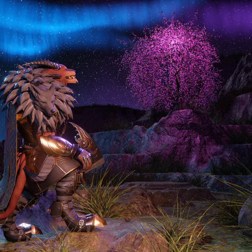 3D render of a charr warrior in full armor, looking over a fantasy landscape at night under a starry sky with blue and purple auroras. He’s standing in a canyon among loose rocks and long grass with a mysterious pink glowing tree standing higher up on a cliff in the distance. The character and foreground are illuminated by warm firelight, while the rest of the landscape is mostly dark, with the only light coming from the auroras and the glowing tree.