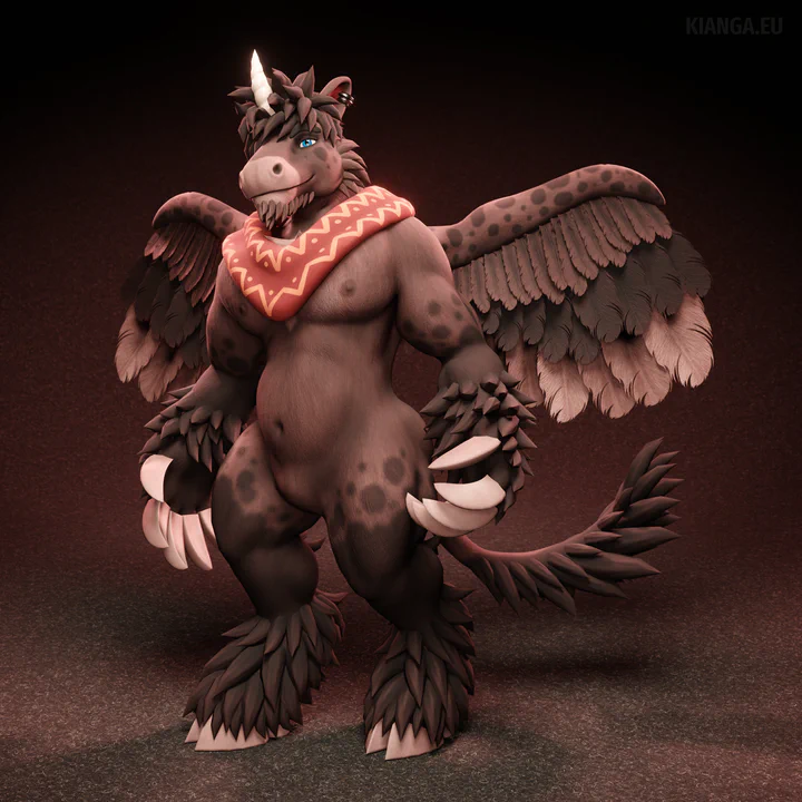 3D render of an anthropomorphic winged unicorn with a very stocky build, feathered wings, brown fur and hair, and blue eyes. His hands and feet are extra large and fluffy. He’s standing in a relaxed pose and looking at the viewer.