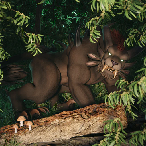 3D render of a massive cat-like creature with dark brown fur in a jungle environment. It’s on all fours as if on the prowl, with large horns and teeth, and black spikes growing from its shoulders. The creature is illuminated from a light source held by the viewer, and looking directly at them, as if it was just discovered. Its eyes are glowing bright green, like those of a cat at night.