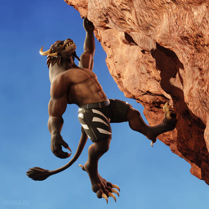 3D render of a shirtless male charr (Kianga Snowstorm) climbing a steep orange cliff against a deep blue sky, with the bright sunlight accentuating his muscles. He’s looking upwards with a determined expression, holding on to the cliff wall with his left hand and foot, while his right limbs are relaxed and dangling in the air.