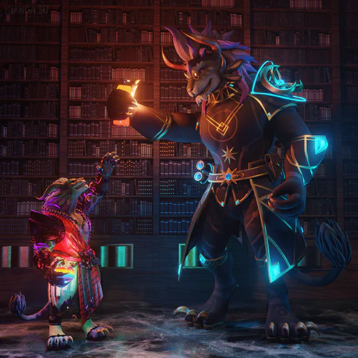3D render of two male charr standing in a dark library. The tiny charr (Yami Whitemane) on the left is holding a miniature tonic that’s glowing with rainbow colors. He’s reaching up to a the giant charr on the right (Kernas Schi), more than double his size, who is grinning and holding an orange-glowing embiggening tonic above Yami’s head where he can’t reach it.
