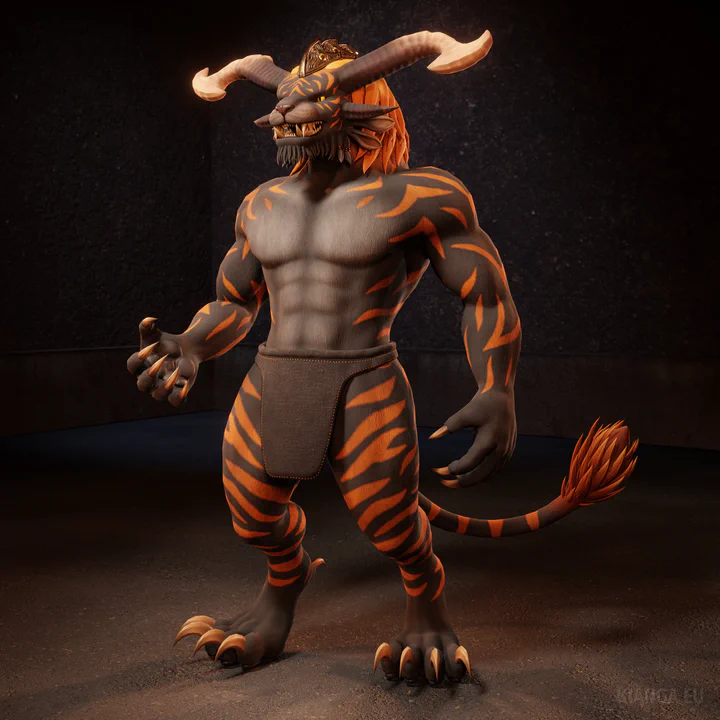 3D render of a male charr with dark gray fur, orange tiger stripes and a yellow mane. He is wearing a simple gray loincloth.