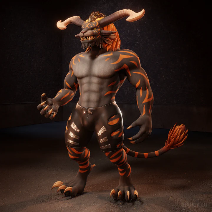 3D render of a male charr with dark gray fur, orange tiger stripes and a yellow mane. He is wearing black swimming trunks with metallic stripes and oval cutouts on the sides that reveal his thighs.