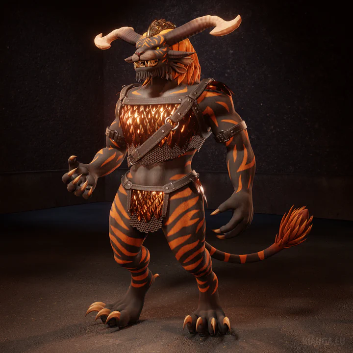 3D render of a male charr with dark gray fur, orange tiger stripes and a yellow mane. He is wearing a combination of leather harness and bronze-colored scale/chain mail armor, based on the "Savage Scale" outfit from Guild Wars 2.