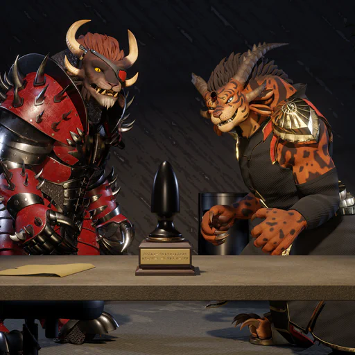3D render of my charr warrior Kianga Snowstorm, and my patron’s charr elementalist, Ignado Flaredancer in a modern-day office environment at night. Both are in their battle outfits and facing each other as if in combat. The viewer is behind a desk with an “employee of the month” trophy sitting on it that is suspiciously shaped like a butt plug. Both charr are staring at it—Kianga with a horrified expression, Ignado with a mischievous smirk. The scene is a recreation of a similar scene from the movie “Everything Everywhere All at Once”.