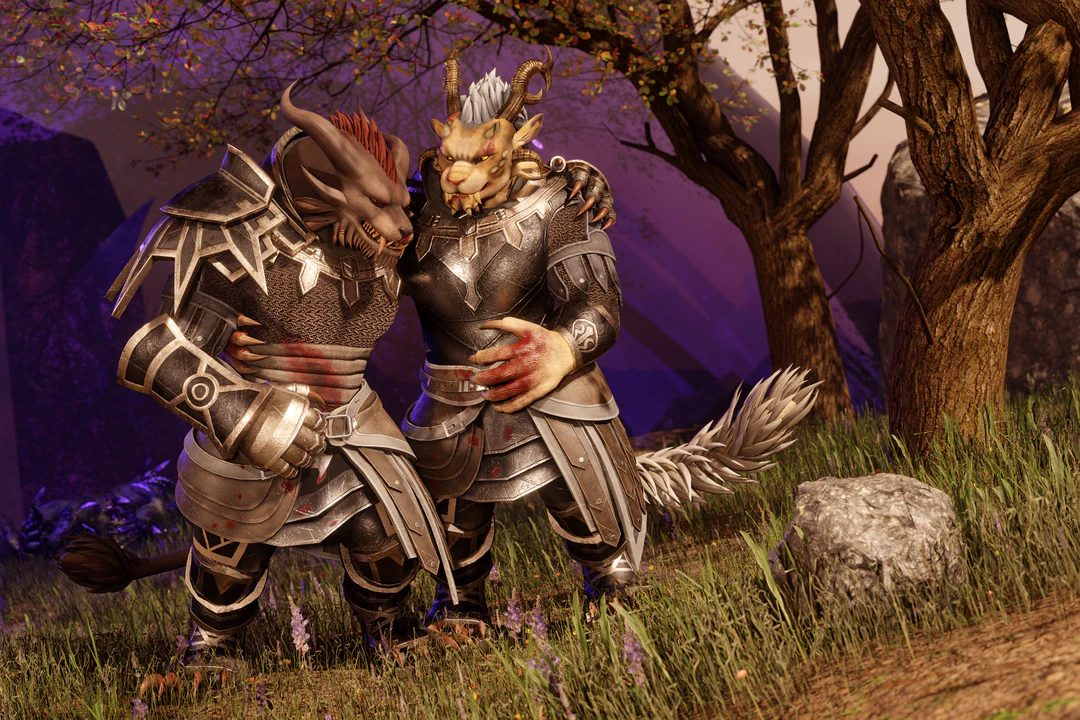 3D render featuring two charr in Vigil armor: The charr on the left, Ripa Soulkeeper, looks badly injured with a bandaged wound on his abdomen. He has his left arm around Almorra Soulkeeper next to him. She is supporting him and looking at him with concern. Both charr look worn from battle, with blood and dirt all over their armor. They're standing in the sunshine on a grassy hill with trees to the right, but the dark purple corruption of the Brand is just a few steps behind them. In the distance, near the edge of the Brand, you can just make out the fallen body of a Branded charr.
