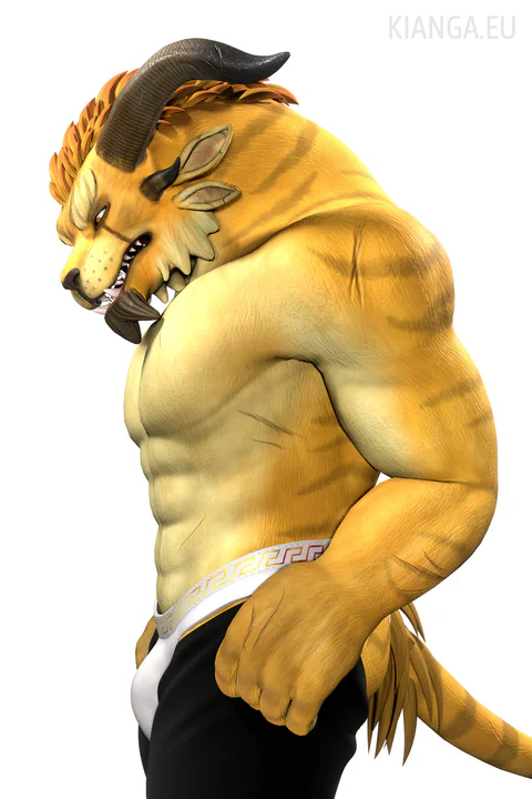 3D render of a male charr with yellow fur in side view. He's heavily built and only wearing white underwear, while trying to pull on some black pants, which unfortunately are way too tight for him.
