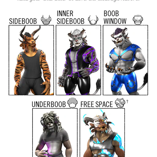 Shirt cut meme, aka your character in different cleavage flavors. A grid with five categories: sideboob, inner sideboob, boob window, underboob, free space.