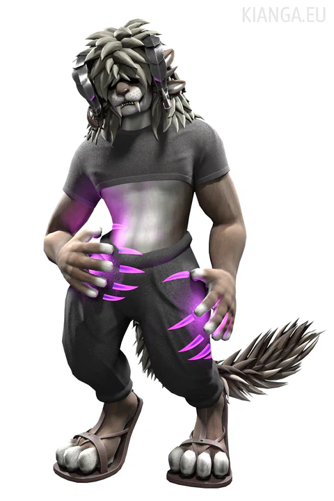 3D render of a nonbinary charr with light brown fur, a fluffy tail, and magical claws that glow bright purple. They're wearing dark gray baggy pants and a tight gray shirt that's so short it barely covers their pecs. The purple glow from their claws reflects off their light gray chest fur.
