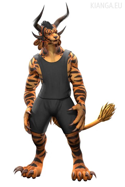 3D render of a male charr with orange fur and tiger stripes wearing black shorts and a black tank top with open sides. He's standing leisurely, both paws on his thighs, looking somewhere off to the right.
