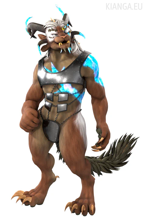 3D render of a female charr against an abstract white background, wearing a steel eye patch on her left eye and a very minimal six-part steel plate bikini held together with small chains. She has brown fur and bright blue crystallized scars across her chest, left shoulder, and horns.
