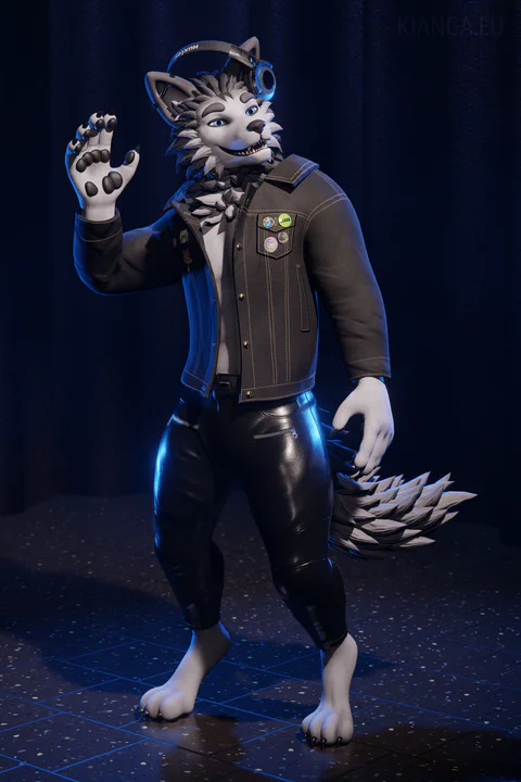 3D render of an anthro wolf-husky character with light grey fur and a long fluffy tail, smiling and waving with his right paw towards someone off-screen. He is wearing shiny black pants, a dark jeans jacket with various colorful furry-themed buttons, and DJ headphones resting casually on his left ear.
