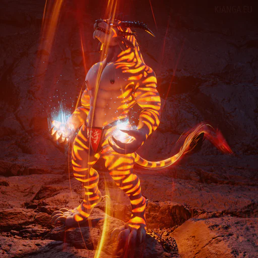 3D render of a male charr elementalist with tiger stripes and white fur, wearing only a jockstrap. He is standing in a dark rocky environment and channeling fire magic, eyes and hand paws glowing glowing white-blue, rising flames around him, and the tiger stripes all over his body glowing like lava.
