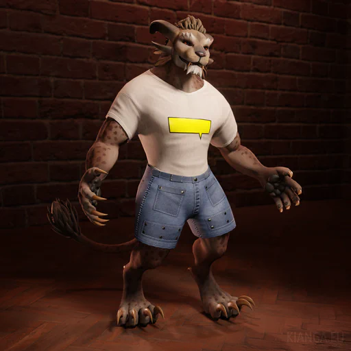 3D render of a male charr with brown fur and a dense fur pattern that's a mix of cheetah and leopard spots. He's wearing short jeans and a white shirt with a yellow speech bubble on it. After a few moments, his spots begin to glow in all rainbow colors.
