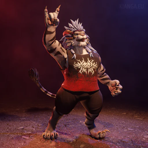 3D render of a male charr with a heavy build, gray fur with tiger stripes, black shorts and a black and red t-shirt with the Metal Legion logo. He is cheering with his right paw in the air, making the metal "horns" sign. His purple revenant blindfold is rolled up to his forehead so his eyes - blue on the left, green on the right - are still visible.