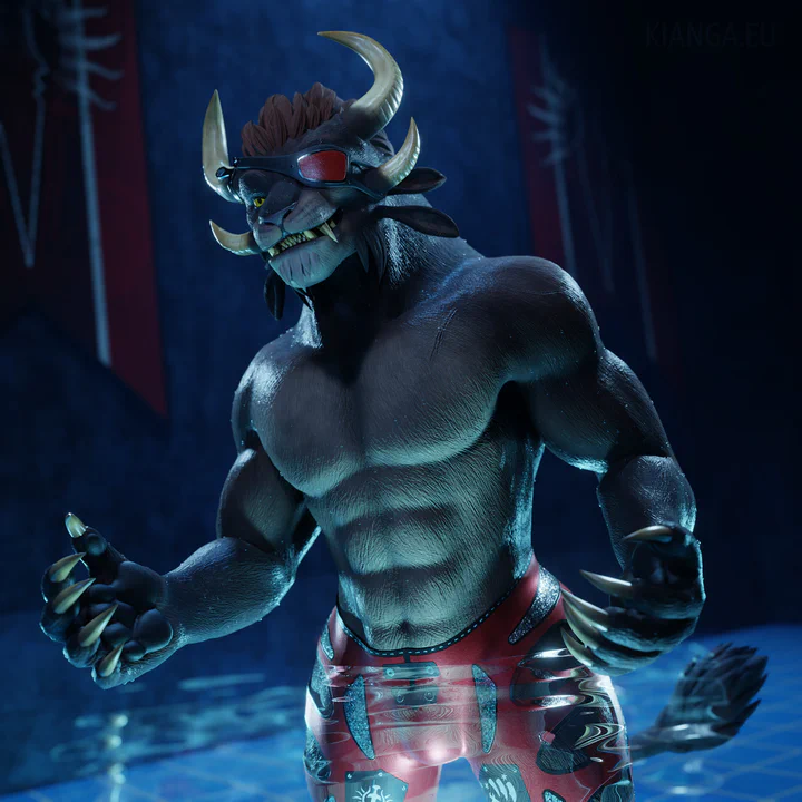 3D render of a male charr in metallic red swimming trunks, standing in a swimming pool late at night. His hands are raised slightly above the water surface and he’s looking with a confident grin at something just to the side of the camera. There are Blood Legion banners hanging on a wall in the background, slightly dark and out of focus. Mostly blue-ish lighting with strong rim lights that accentuate his muscles.
