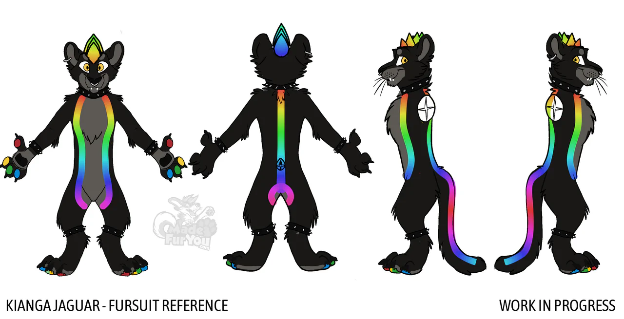Reference sheet for my black jaguar fursuit: He has black fur with charcoal on the chest and inside of the paws. Rainbow stripes go down to the left and right of his chest, and from the head down the back to the tip of his tail. The individual paw pads each have a different color: red, yellow, green, and blue. He has a piercing in his right ear and nose, and wears a spiked collar.
